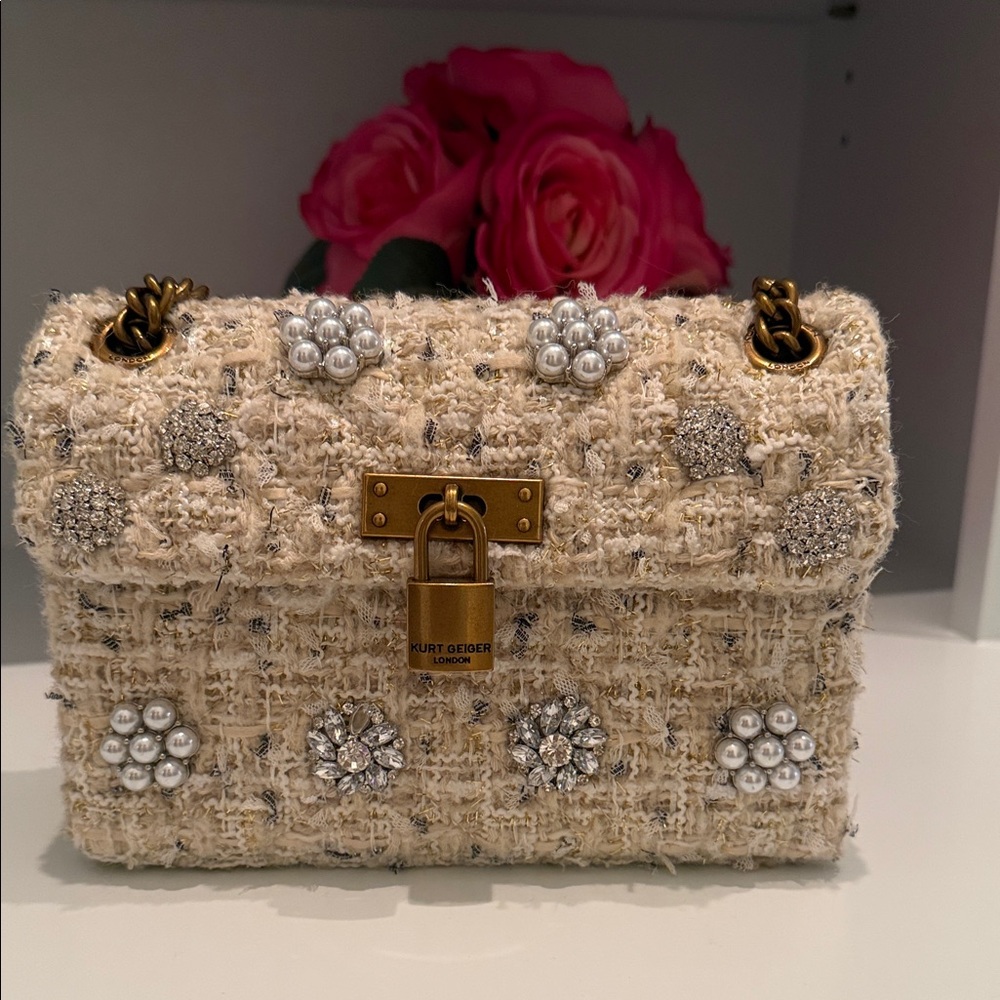 Kurt Geiger Beige Tweed Mini Bag with Pearl and Crystal Embellishments